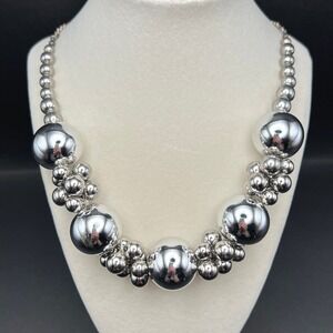 Chunky Round Beaded Cluster Necklace Silver Tone Orb Beads Polished Modernist